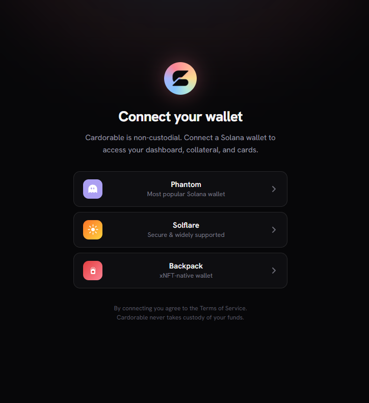 TryCardorable's tweet photo. Connect your wallet.

Access your collateral.
Manage your cards.
Track your spending.

Everything starts with a single signature.

Powered by @solana.

Powered by #Cardorable. ✨ https://t.co/iHoYOukRSn
