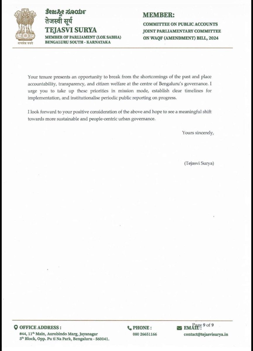 Tejasvi_Surya's tweet photo. A ₹39,000 crore garbage contract handed to a single vendor for 30 years. 
Bengaluru’s working class priced out of the city they built, while central housing funds under PM Awas Yojana goes unutilised. Five new municipal corporations with no urban planners, no domain experts, no staff to carry out any work.

And the failure that makes all others possible: no elected municipal body

I am demanding:

▸ Immediate review of the ₹39,000 crore BSWML single-vendor contract to ensure transparency, competition and accountability to public.

▸ A mission to create 1 lakh affordable rental housing units for lower and middle-income families by utilising the PM Awas Yojana-Urban funds that are already sanctioned.

▸ Comprehensive recruitment and across all five municipal corporations and to ensure all vacancy is filled.

▸ BBMP elections to be conducted immediately and restore ward-level democracy.

Bengaluru does not need another announcement. It needs systems willing to govern.

5/5