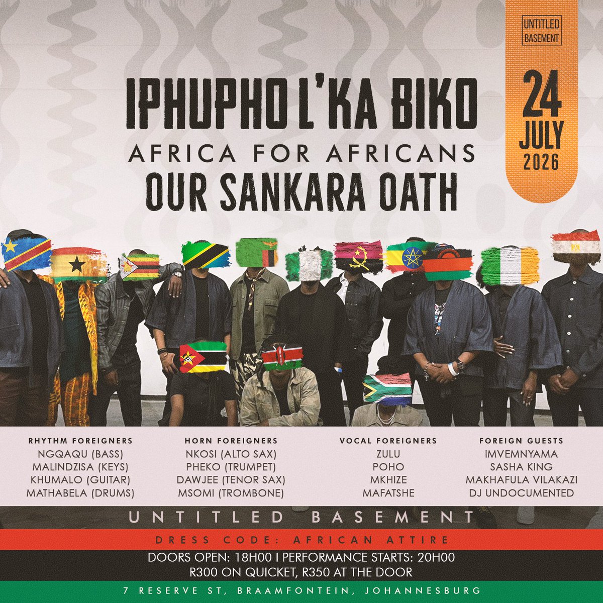 IphuphoLikaBiko's tweet photo. 'At a time when xenophobia and Afrophobia continue to fracture communities across the continent, iPhupho L'ka Biko asks us to look deeper. Beyond headlines, political rhetoric and easy answers lies a more difficult question: how did African people become strangers to one another on their own continent?

What happens when people inherit freedom without justice, democracy without dignity and liberation without economic freedom? What happens when a nation promises belonging but leaves millions searching for work, security and purpose? It is within this tension that Africa for Africans: Our Sankara Oath finds its voice.

Drawing inspiration from the revolutionary ideas of Thomas Sankara, alongside the musical legacies of Bra Hugh Masekela and Mam Miriam Makeba, Africa for Africans: Our Sankara Oath interrogates the historical, political and economic forces that continue to shape how Africans see themselves and each other. Through music, spoken word, improvisation and critical reflection, the ensemble explores the fractures left behind by colonialism, apartheid, displacement, inequality and the unfinished project of African liberation.

Known for confronting the questions many would rather avoid, iPhupho L'ka Biko has established itself as a vital cultural voice in South Africa's contemporary landscape.

The ensemble ventures into the spaces where history remains unresolved, where collective memory is contested and where society is often encouraged to look away. Their work gives expression to the concerns, contradictions, hopes and frustrations of ordinary people becoming both witness and conscience in times of uncertainty.

Rather than reducing complex social realities to slogans, Africa for Africans: Our Sankara Oath creates space for honest engagement with the conditions that produce division across the continent. It asks audiences to consider not only the tensions between Africans, but also the systems that continue to profit from those tensions.

This is an evening of fearless music, political inquiry and collective reflection. A call to remember that African liberation has always been a shared project and that the future of the continent depends on our ability to see one another not as competitors, outsiders or threats but as part of a common destiny. ' @UntitledBaseme2

Let love lead, not hate. We shall uphold Our Sankara Oath.

Ticket link in our bio and here: https://t.co/c2i7irqNzC

...malifezeke...
iPhupho L'ka Biko