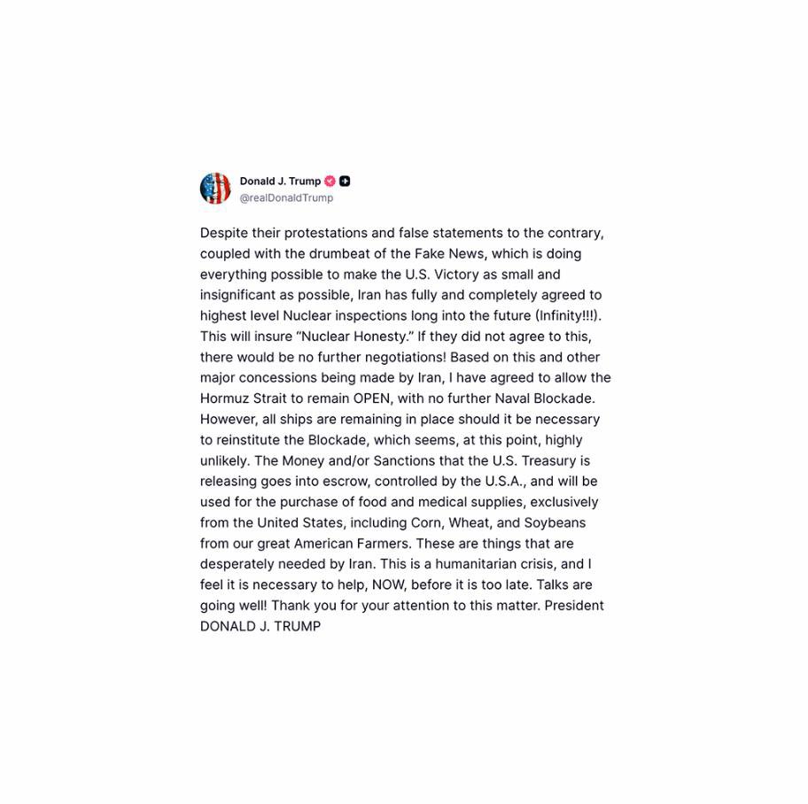 xa25553's tweet photo. 🇺🇸 PRESIDENT TRUMP:

Iran has fully agreed to top-level nuclear inspections going forward.

In exchange, the Strait of Hormuz stays open with no further blockade. "Talks are going well." https://t.co/vOAcPOwLPU