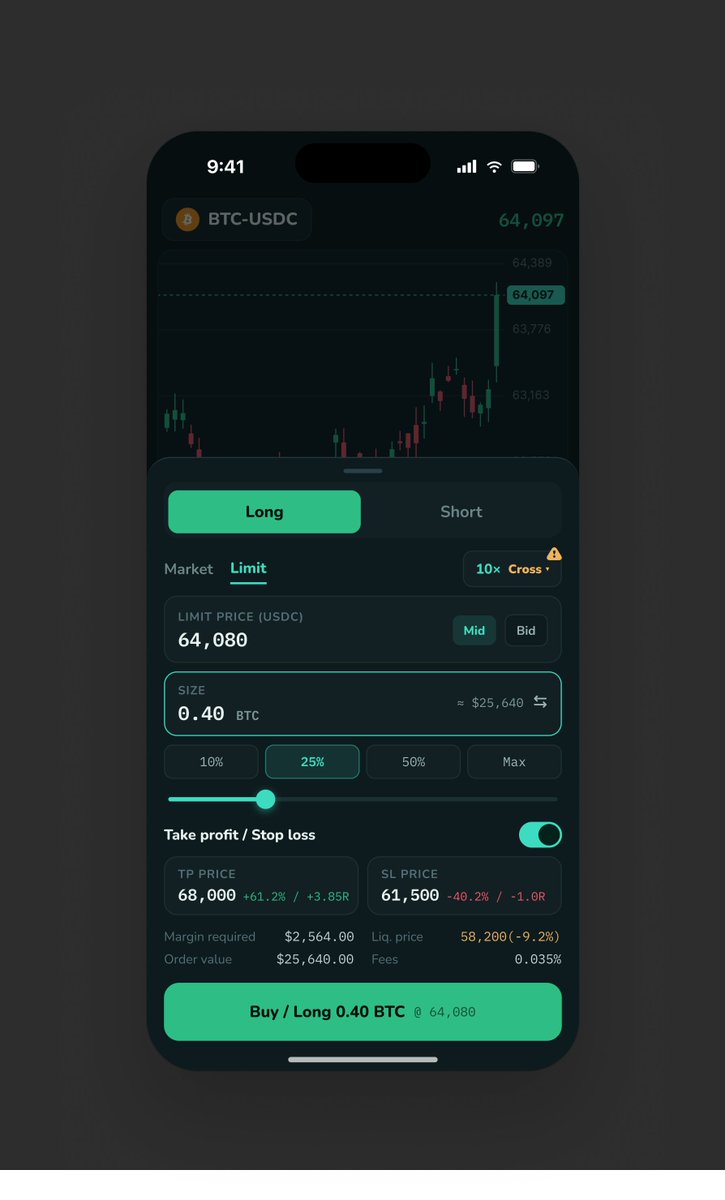 IvankoDesign's tweet photo. hyperliquid mobile, 2 of 5. order entry.
TP and SL show your risk-to-reward as a ratio. you see what you're risking before you commit, not after. https://t.co/Ii5IcAZ538