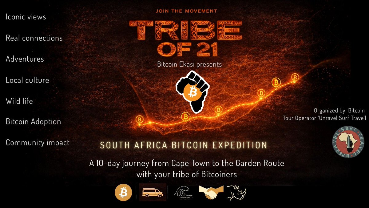 BitcoinEkasi's tweet photo. 🇿🇦 South Africa. 
⭕️6 Bitcoin circular economies. One trip. Tribe of 21

Imagine this:
🌊Morning surf session 
🐘Afternoon safari 
⚡️Evening conversations about freedom, money & the future

You read about adoption.
We take you to where it's already happening — 6 circular Bitcoin economies, real people, real sats moving hands.

This is more than a trip. It's bitcoiners coming together, on the ground, where it counts.

🗓️Dates:
31 July – 9 August 2026
18 – 27 November 2026

Details­ & Bookings: https://t.co/0K1PuBOveu

@BitcoinWitsand, @BitcoinKaroo, @BitcoinLoxion, @BitcoinPlett, @BTCSedgefield, @BitcoinEkasi

Inspired by the annual  @abcptza
Post-Conference Road Trips!

Organized by @UnravelSurf