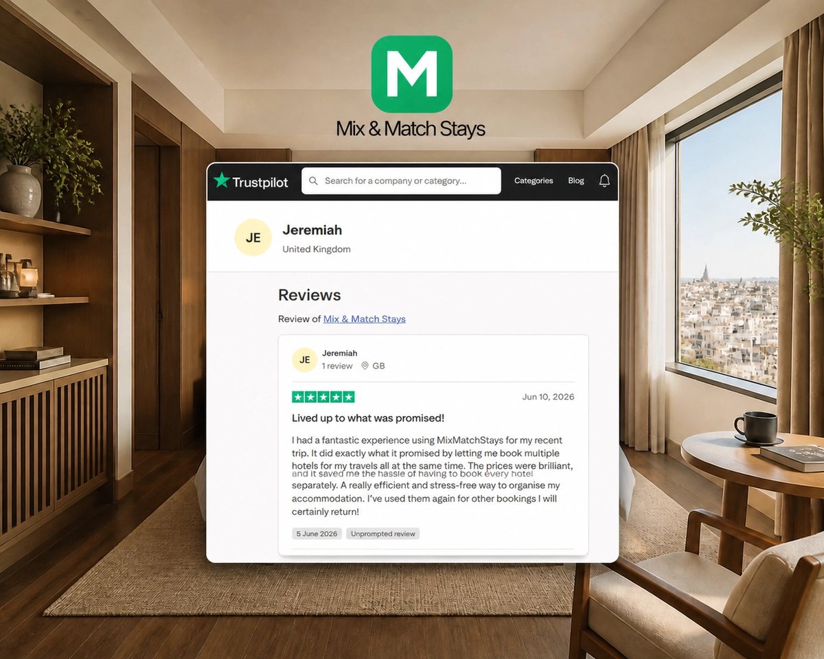 MixMatchStays's tweet photo. Jeremiah’s 5-star review means a lot! 💚

He loved the "brilliant prices" and "stress-free way to organise." We built this startup to "save the hassle" of one-by-one stays. Thanks for backing us!

https://t.co/PNgwzHPp2W

#MixMatchStays #Travel #HotelBooking #Startup https://t.co/cSJFjv2YmP