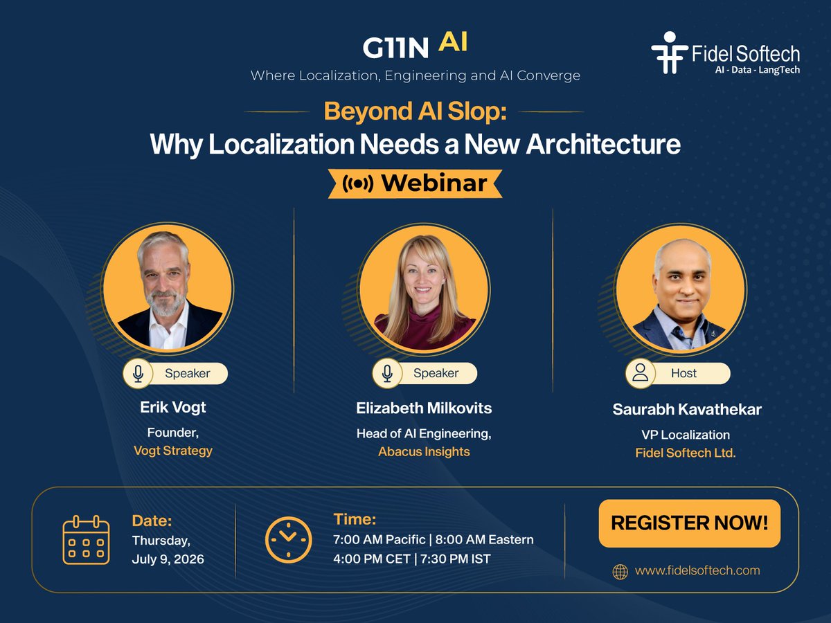Fidel_Softech's tweet photo. Join our next G11n & AI webinar, Beyond AI Slop: Why Localization Needs a New Architecture.
π
July 9, 2026
β° 8 AM Pacific | 11 AM Eastern | 17:00 CET | 7:30 PM IST
Register now: https://t.co/7XH8vy85gM
#G11nAI #AIWebinar #GenerativeAI #LanguageAI #MultilingualCommunication https://t.co/OjVr5kAIeY