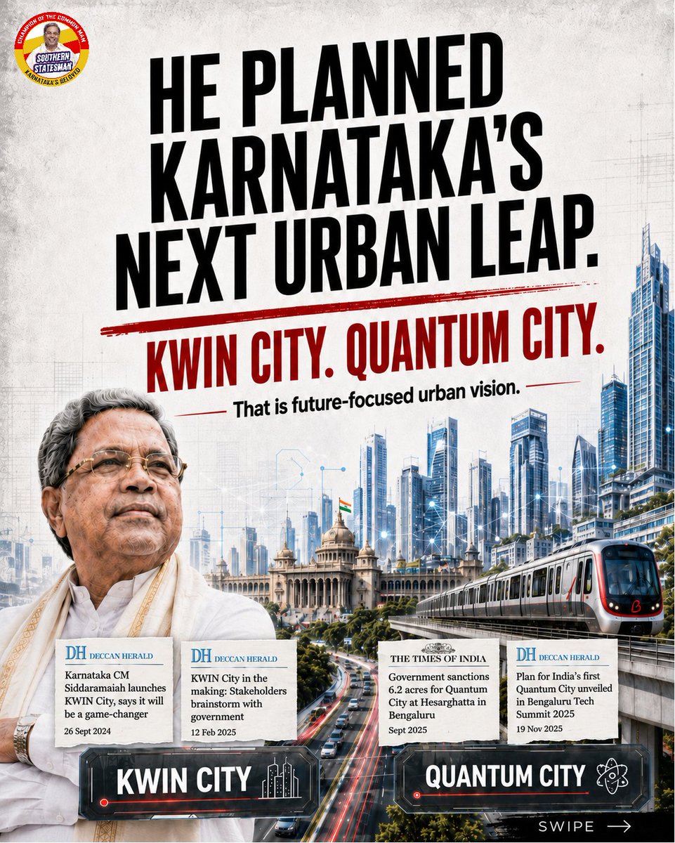SouthStatesman's tweet photo. After #Siddaramaiah stepped down, a section of voices began branding him “anti-urban” &amp; “anti-middle class”.

The record says otherwise.

Startup policy, Bengaluru budget priority, KWIN City, Quantum City, industry engagement, AVGC-XR jobs, Indira Canteens.

(1 / 2) https://t.co/EBUpiUG9rF