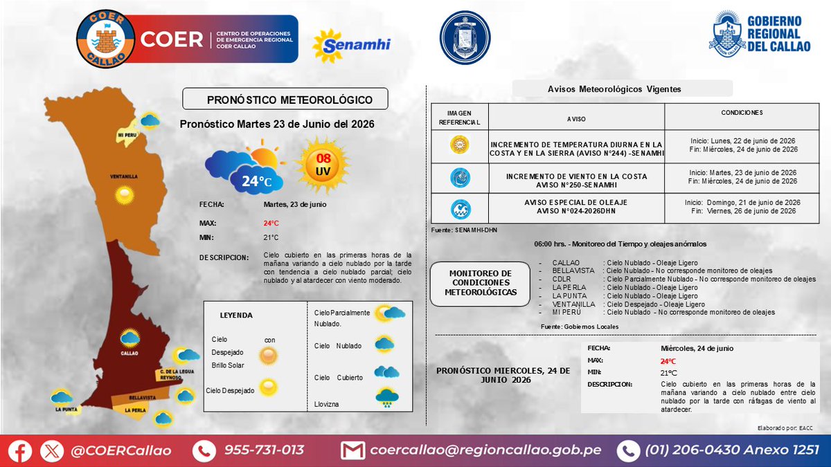 COERCallao's tweet photo. Pronóstico Meteorológico para el martes 23 de junio.

#Callao #Bellavista #CarmenDelaLeguaReynoso #laPerla #LaPunta #MiPeru #Ventanilla #GobiernoRegionalDelCallao #COERInforma https://t.co/trccdD52uG