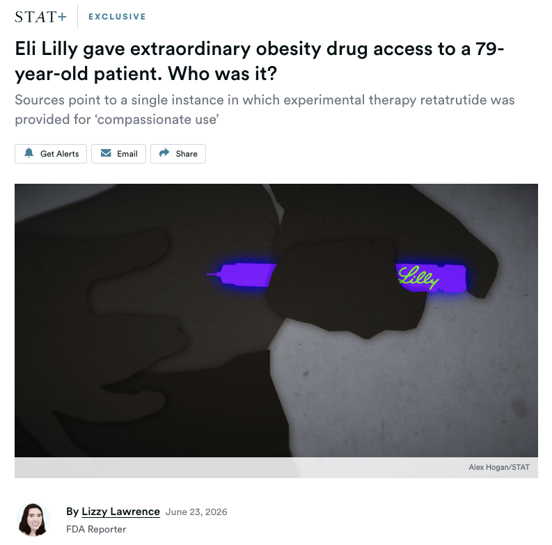 retatrutide expanded access compassionate use eli lilly LLY and the FDA allowed one unidentified 79-year-old patient to access  retatrutide through the FDA's compassionate use pathway, per STAT.  Retatrutide is still experimental and is one of Lilly's most closely watched