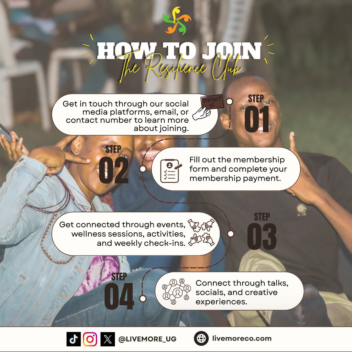 LIVEMORE_UG's tweet photo. Want to join the Resilience Club?
Send us a DM, Complete registration &amp; payment. Join our community
Start attending events, sessions &amp; check-ins. Your journey to growth, connection, and resilience starts here.
#ResilienceClub #JoinTheClub #Community #MentalHealth
#LiveMore
23:47 https://t.co/Xg0PBx409r