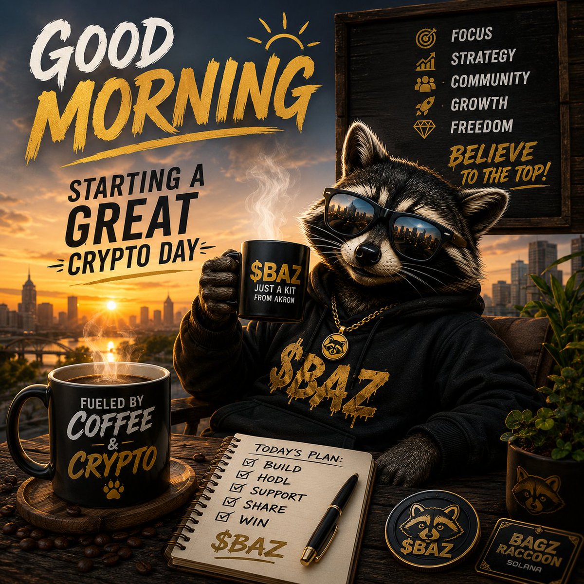 Bagz4TheMoon's tweet photo. GM Raccoon Den 🦝🔥

We woke up to 118 members in the Telegram — welcome to everybody new!

Thank you to everyone who has been sharing $BAZ, joining the conversation, and helping put new eyes on what we are building. Keep sharing the project, keep engaging, and keep showing people that the Raccoon Den is active.

If you have not explored the Raccoon Den yet, tap in today:

📱 https://t.co/fWErRtMUt1

Inside you can learn about the project and explore:

🔥 Community Burn Portal
💰 Staking
🎮 Bagz Runner
🎵 Original Music
🖼️ NFTs
📖 Whitepaper
🤝 Partnerships

👕 Want to support the movement another way? Check out official $BAZ merchandise. A portion of merch proceeds helps fuel future community burns. 🔥

https://t.co/m1aaLcWINg

There are real opportunities here for people who take the time to learn what we are building.

One share can put $BAZ in front of the right person.

🚀 Believe to the Top
🦝 Just a Kit from Akron

#BAZ #Bagz #Solana #CryptoCommunity #BuildInPublic