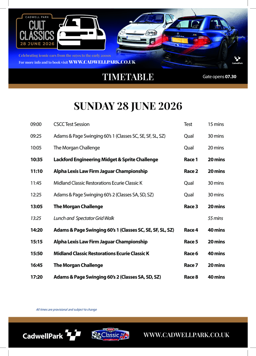 CadwellPark's tweet photo. Coming to Cadwell Park for Cult Classics this weekend (28 June)? 🤔

Here's a timetable to help you plan your visit to the circuit 📃

🎟️ https://t.co/FzI7Tj7wTA https://t.co/LsCvF4nXwL