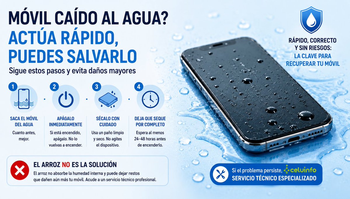 celu_info's tweet photo. 📱💦¿Tu móvil cayó al agua?
Arroz➕Secador➕Encenderlo para probar ❌
✅ Apágalo
✅ Sécalo externamente
✅ Retira SIM
✅ Llévalo ya revisión
El agua daña más por corrosión interna que por  contacto inicial👇
https://t.co/lHVY006G8E

#MovilMojado #ReparacionMoviles #DañosPorAgua https://t.co/nXHkKRlR9N