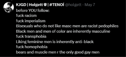 dirtgrubbiezz's tweet photo. "liking feminine men is inherently anti-black" ... oh ? https://t.co/BO4MEk2Mw5