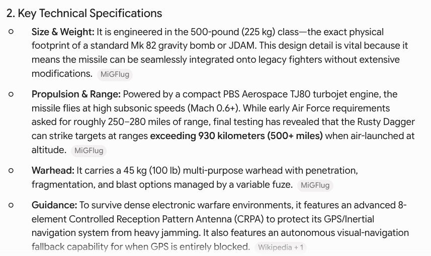 BlakesleeJerry's tweet photo. @jalle51 I'd not heard of the Rusty Dagger before, so I asked Gemini. Astounding stuff. 500 miles, 100kg warhead, virtually jam proof, a few already in Ukraine (obviously), 850 due in October, total approved for delivery 3,350, launched from F-16's and other aircraft. https://t.co/KL4bAnTS0N