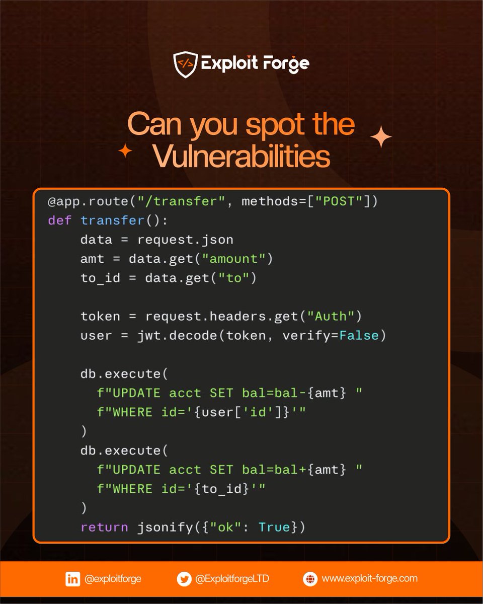 ExploitforgeLTD's tweet photo. This one bites back.
Can you spot the vulnerabilities?
Drop your answers below.

#cybersecurity #appsecurity #securecodereview https://t.co/xJyC82Gkz1