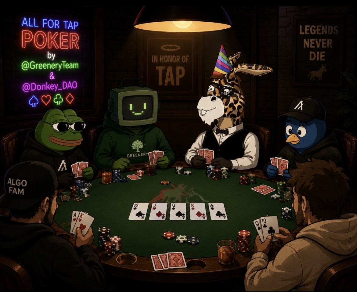 QuayumAlimi1's tweet photo. I’ve been busy with exams lately, but I couldn’t let this pass.

In honor and remembrance of the Algorand legend, Tap, @GreeneryTeam and @Donkey_DAO are kicking off a weekly poker event starting June 29th. ♠️♥️

Be there, have fun, and stand a chance to win some awesome prizes https://t.co/ZOnUM5u24G
