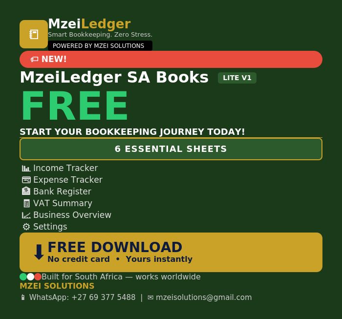 mzeisolutions's tweet photo. MzeiLedger SA Books Lite is FREE to download right now at https://t.co/hY5b4tc6Vf 🔥

6 essential sheets — Income, Expenses, Bank Register, VAT, Business Overview &amp; Settings. All set up. All ready to go.

Built for SA businesses. Works offline. Yours forever. https://t.co/cUO86ND6bM