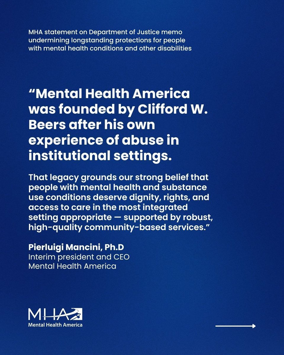 MentalHealthAm's tweet photo. Mental Health America is deeply concerned by the recent DOJ legal opinion that threatens to undermine more than 25 years of protections and progress for people with mental health conditions and other disabilities.

Read our full statement: https://t.co/l9EOwVZ2h1 https://t.co/JpKdZsyRF7