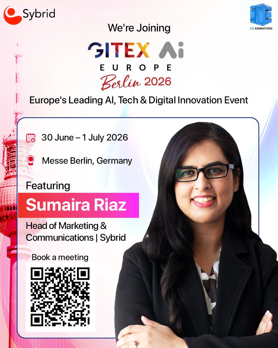 sybridpvtltd's tweet photo. Sybrid &amp; ICE Animations are heading to #GITEXAIEurope 2026 (30 June–1 July, Messe Berlin)! Meet Sumaira Riaz, Head of Marketing, to explore AI &amp; digital transformation. 

Let’s connect! 

🔗 https://t.co/LWivSJbugM 

#Sybrid #ICEAnimations #AIInnovation https://t.co/hZUFVfdCks