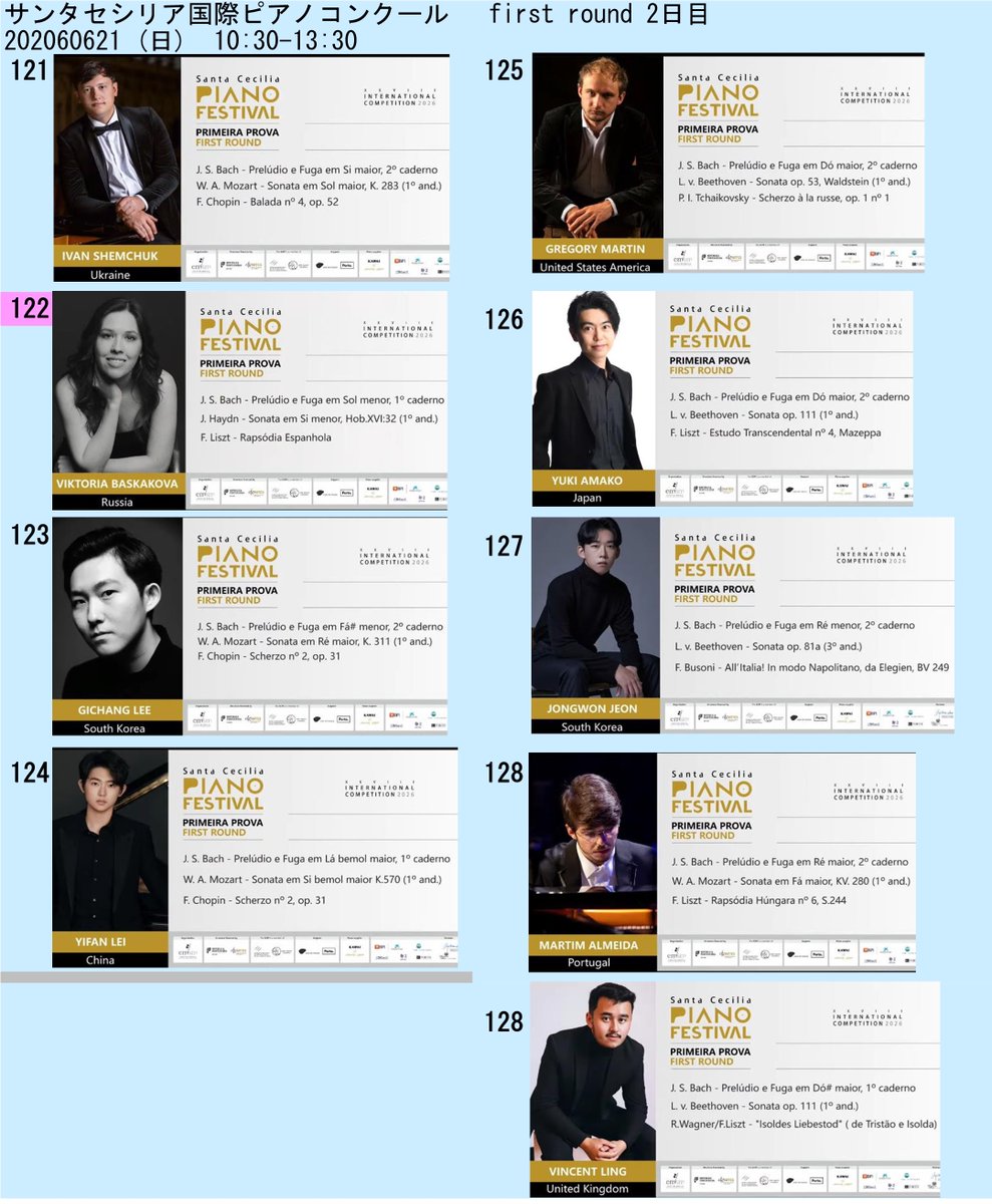 kataruita2009's tweet photo. 6/20(土)スタートのサンタセシリア国際コンクールの1次予選演奏順と曲目です。
先日投稿した初日版は演奏順違っていたので削除しました。すいません
視聴しながら動画スクショを撮りためて並べているのでまだ抜けがあるかもしれません。
https://t.co/3w229dPaoQ
https://t.co/wxaMXU9Vu5 https://t.co/RqeYRlYF8e