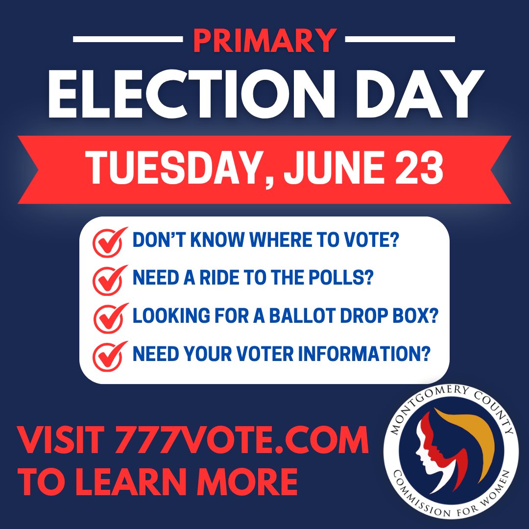MoCoWomen's tweet photo. Today is Election Day! Polls are open, and it's time to make your voice heard. Find polling locations, voting information, and election resources here: https://t.co/j77iXFuFdu https://t.co/kYx7RERctL