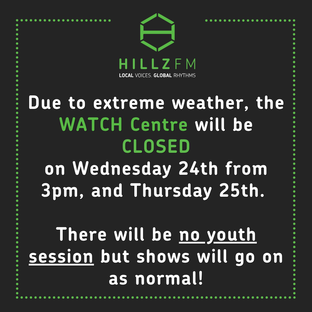 HillzFM's tweet photo. Due to extreme temperatures this week, the WATCH Centre will be closed from 3pm on Wed 24th and all day Thurs 25th. No youth sessions will take place, but Hillz FM will continue broadcasting as normal. Stay hydrated, stay safe 💚 #WATCH #HillzFM #Coventry https://t.co/HXvBylYnZR