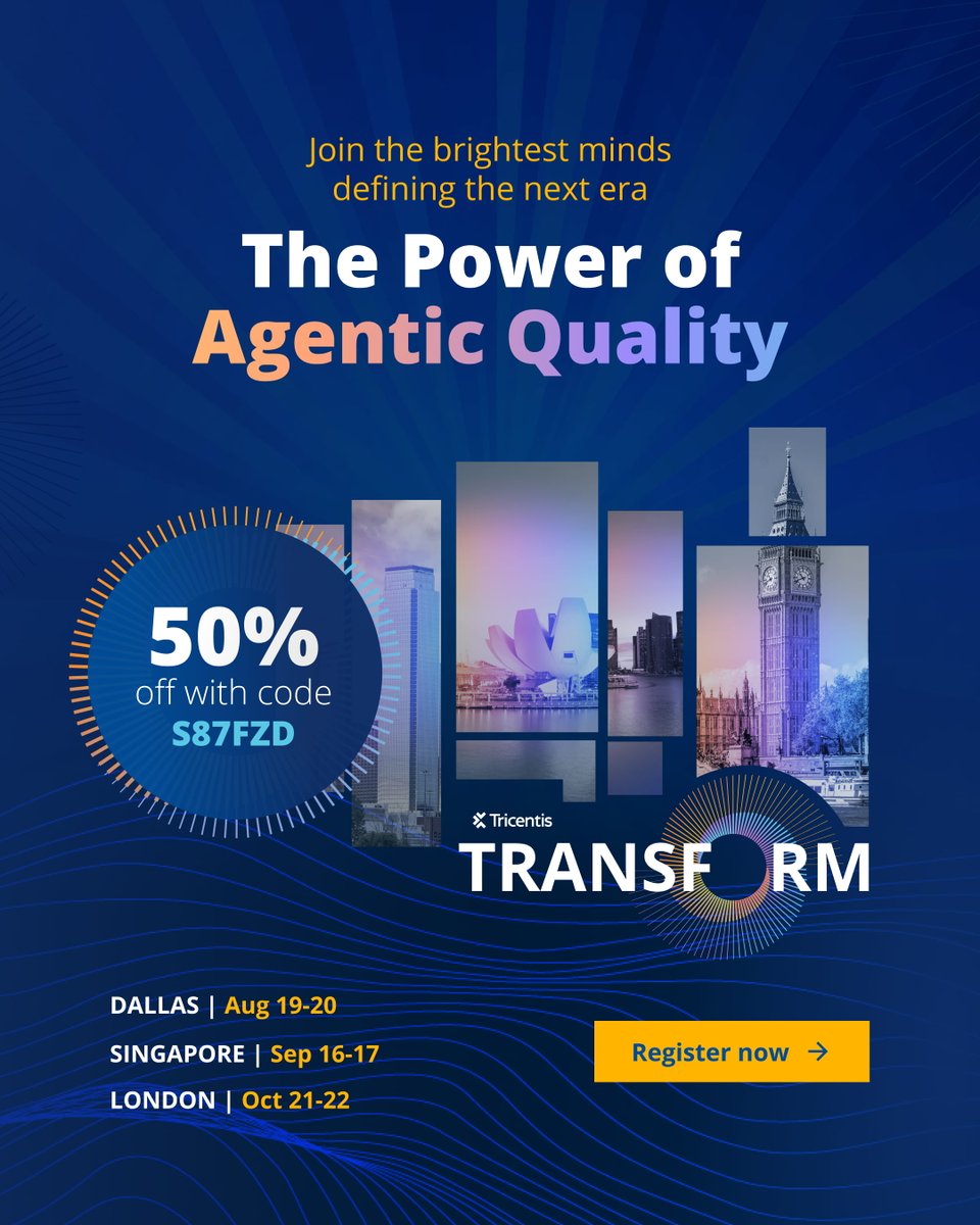 Tricentis's tweet photo. 🎤 The people behind the biggest transformations &amp; latest advancements in #agentic quality are taking the stage!

✨ Discover how to maintain trust in the #AI era

💡 Lessons learned from the front lines

🎯 Strategies to stay ahead

Secure your spot: https://t.co/oh7BxvvIPD https://t.co/vqiImYsUPz