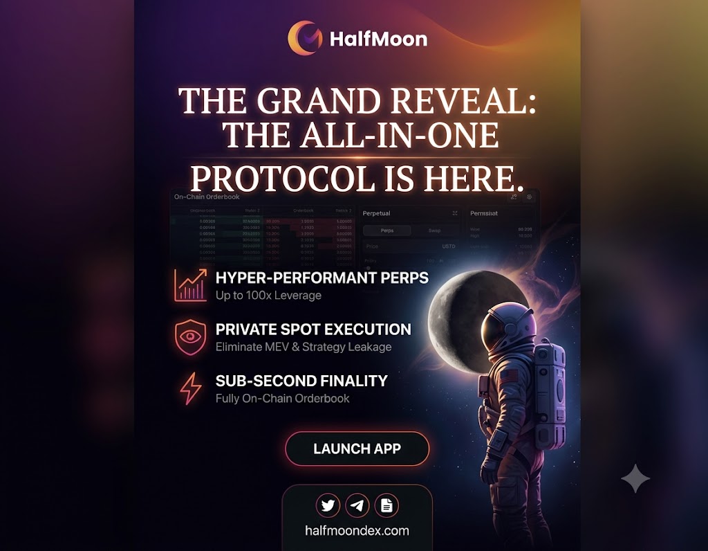 HalfMoon_Dex's tweet photo. 🪐 The next evolution of on-chain trading is here.
 > Say hello to Halfmoon, the all-in-one DeFi Liquidity Hub designed for the modern trader.

📈 Hyper-performant Perps with up to 100x leverage 
🛡️ Private Spot execution to eliminate MEV & strategy leakage 
⚡ Sub-second finality via a fully on-chain orderbook

The game has officially changed. Welcome to the dark side of liquidity. 🪙