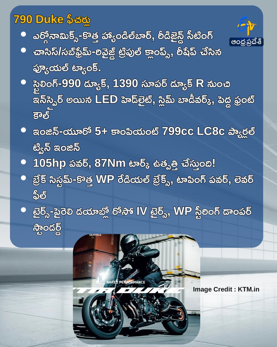 etvandhraprades's tweet photo. అప్డేట్తో KTM 790 డ్యూక్
2kg ల తక్కువ బరువుతో
#KTM790Duke #ktmupdates #bikenews #MotorcycleFeatures #etvdigital https://t.co/PBkPxxOm1f