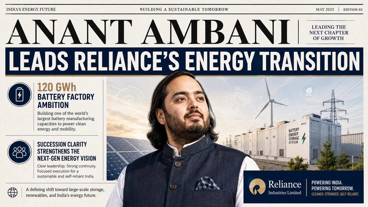 DShewli's tweet photo. #Anant120GWhVision Anant Ambani spearheads Reliance's bold energy transition with a groundbreaking 120 GWh battery factory, paving the way for India's clean energy future and reshaping the nation's renewable energy sector. https://t.co/4OyOfuBM8n