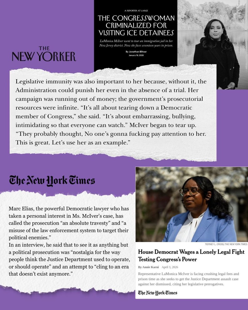 RepLaMonica's tweet photo. Tomorrow, I will be in court for the case that could put me in prison for 17 years. I am fighting these charges because I dared to show up to an ICE detention center and demand answers for New Jerseyans. I was doing my job, conducting oversight. This administration thinks they should be allowed to abuse people behind closed doors. I am facing criminal charges because I won’t let them.