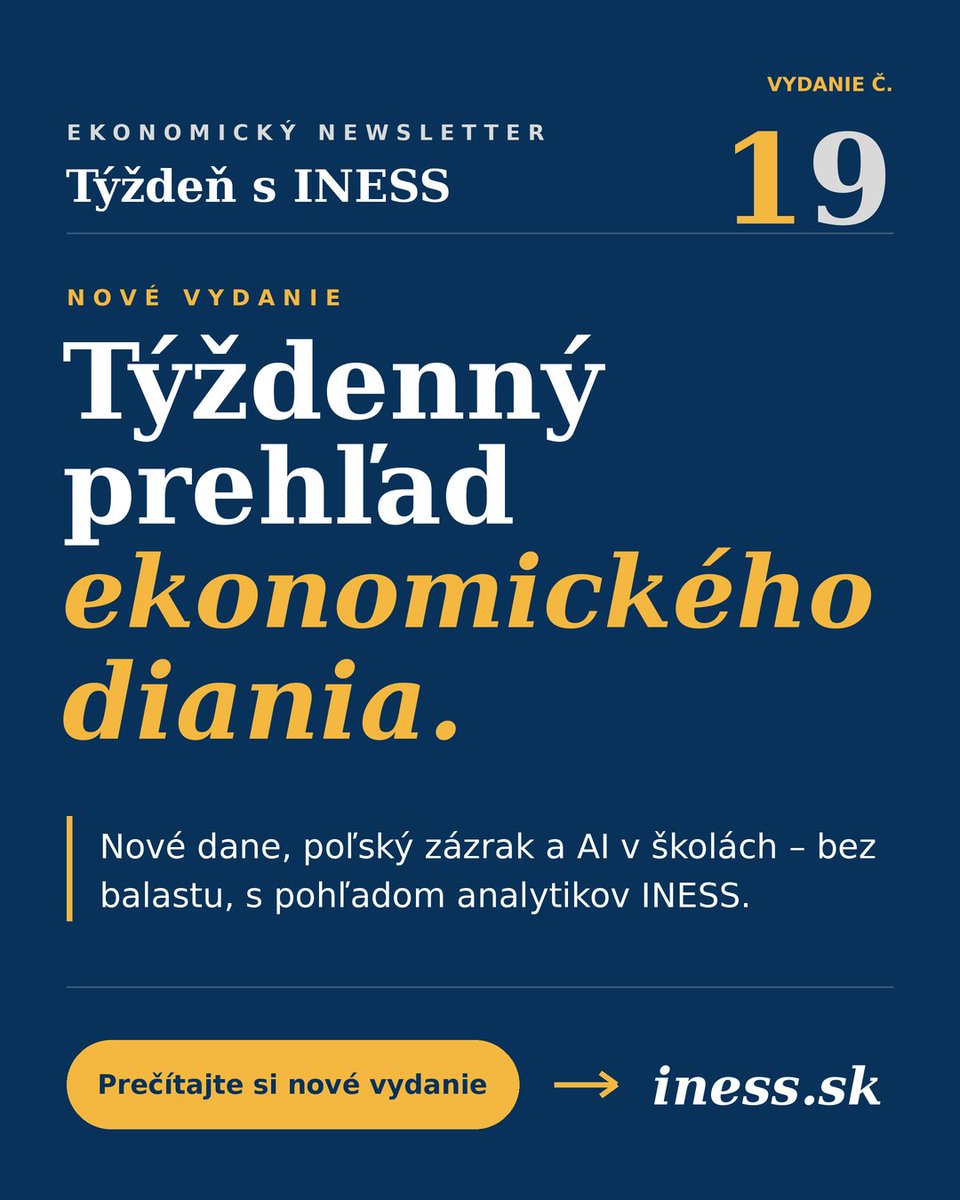 INESSinstitute's tweet photo. Nové vydanie nášho newslettera si už môžete prečítať na našom webe! Link v komentári. 📲

#ekonomickynewsletter #tyzdensiness #iness #slovenskaekonomika #ekonomika https://t.co/AQsezgxbLb