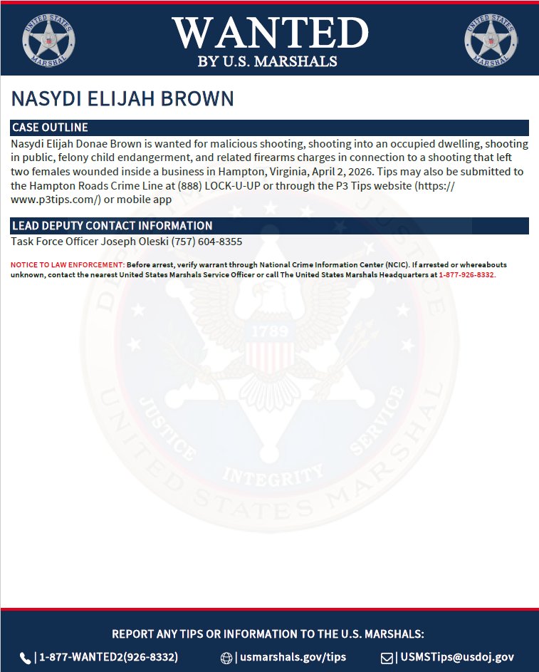 USMarshalsHQ's tweet photo. Nasydi Elijah Brown is wanted for maiming, shooting into dwelling, and firearms offenses. Last seen in Hampton, Virginia.  To submit a tip about a fugitive, go to https://t.co/6bFURsiTZq. 

#USMarshals #USMarshalsWanted https://t.co/HhIVVQOVx8