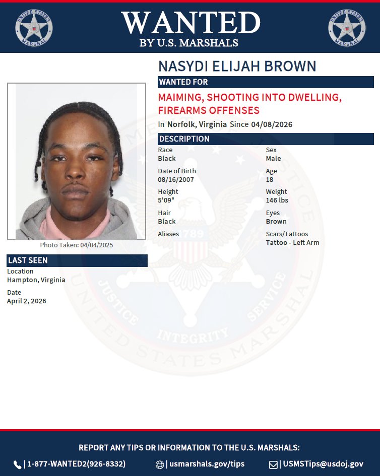 USMarshalsHQ's tweet photo. Nasydi Elijah Brown is wanted for maiming, shooting into dwelling, and firearms offenses. Last seen in Hampton, Virginia.  To submit a tip about a fugitive, go to https://t.co/6bFURsiTZq. 

#USMarshals #USMarshalsWanted https://t.co/HhIVVQOVx8