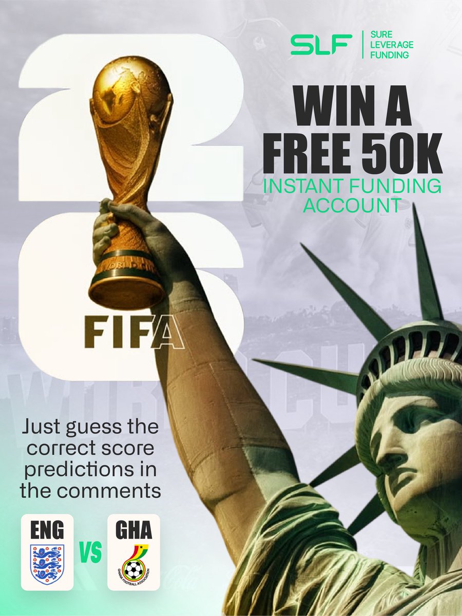 SureLeverage's tweet photo. WIN A FREE $50K INSTANT FUNDING ACCOUNT! 🏆⚽

Think you know football? 

To enter:
✅ Like this post
✅ Follow our page
✅ Comment your ENG vs GHA score prediction

One winner with the correct score prediction will be randomly selected after the final whistle and awarded a FREE $50K Instant Funding Account! 💰

Visit: https://t.co/ZVYlc67sP3
