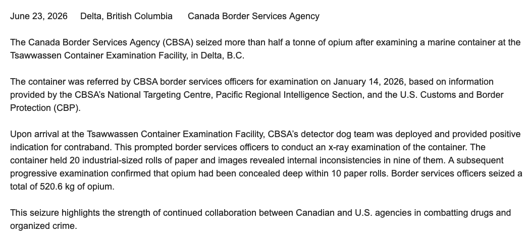bobmackin's tweet photo. Inbox: More than half a tonne of opium found at the Tsawwassen Container Examination Facility. Bust happened in January, but CBSA tells the public today. "Opium had been concealed deep within 10 paper rolls." #cdnpoli #bcpoli #crime https://t.co/cJXI8brq8Y