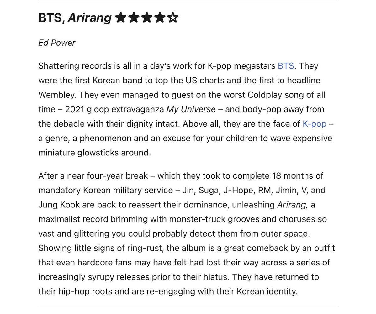 DbyD_NL's tweet photo. Ed Power’s 4-star review of #BTS’ 'Arirang' in The Telegraph is packed with cynicism. 

He calls their Coldplay collab "the worst Coldplay song of all time" and a "debacle," and defines K-pop as "an excuse for your children to wave expensive miniature glowsticks around". #DS_BTS https://t.co/BHfbTpvuUn