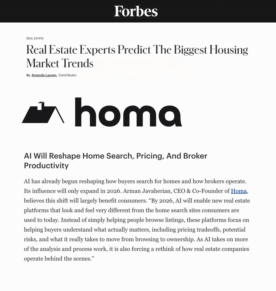 BuyWithHoma's tweet photo. The next era of real estate is about helping buyers understand pricing tradeoffs, potential risks, and what it actually takes to move from search to ownership.

That is the future we’re building for at Homa.

CEO & Co-Founder @armanjava on how AI is reshaping the future of home buying via @Forbes:
