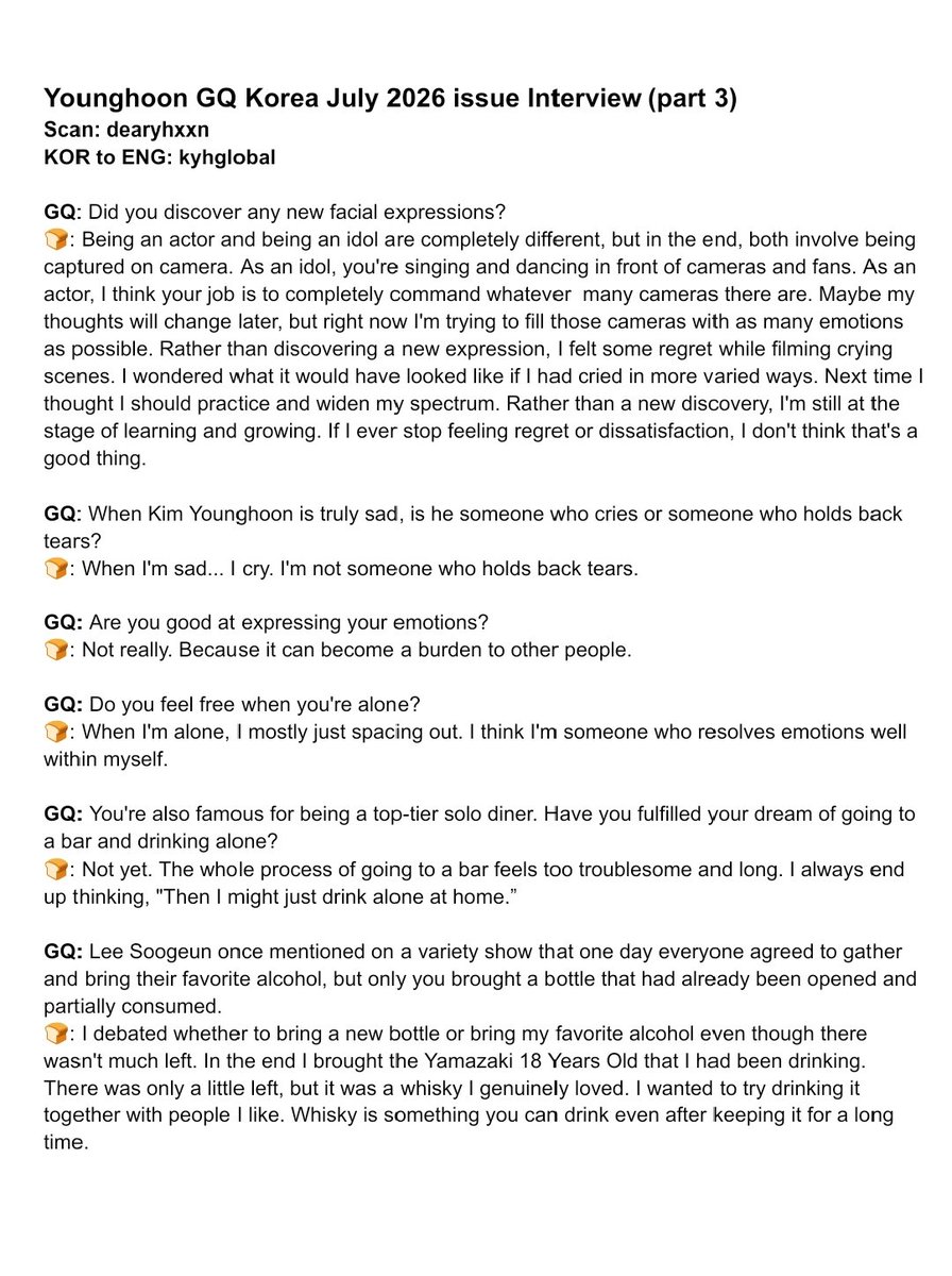 KYH_Global's tweet photo. [ENG TRANS] GQ Magazine July 2026 issue Interview (2) #YOUNGHOON

GQ: Are you good at expressing your emotions?
🍞: Not really. Because it can become a burden to other people.

더보이즈 영훈 #더보이즈 #영훈 #THEBOYZ #더보이즈영훈 🍞 https://t.co/pmryKZe9NG
