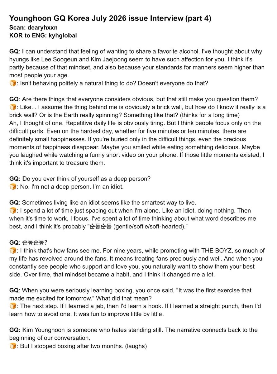 KYH_Global's tweet photo. [ENG TRANS] GQ Magazine July 2026 issue Interview (2) #YOUNGHOON

GQ: Are you good at expressing your emotions?
🍞: Not really. Because it can become a burden to other people.

더보이즈 영훈 #더보이즈 #영훈 #THEBOYZ #더보이즈영훈 🍞 https://t.co/pmryKZe9NG