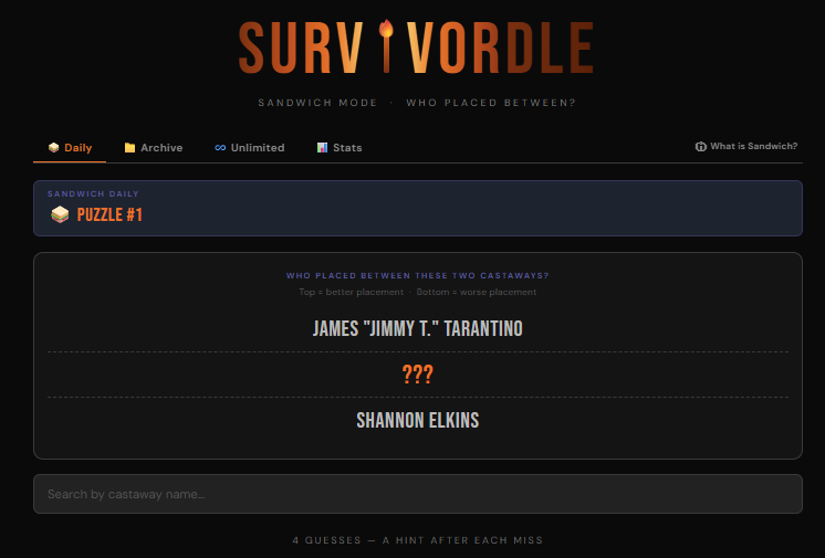 Survivordle's tweet photo. Introducing... 🥪SANDWICH MODE🥪

Guess who placed between the two players. Each incorrect guess reveals a hint. New puzzles daily, with an archive and unlimited mode. 

Good luck! https://t.co/zvg7UzVKf4