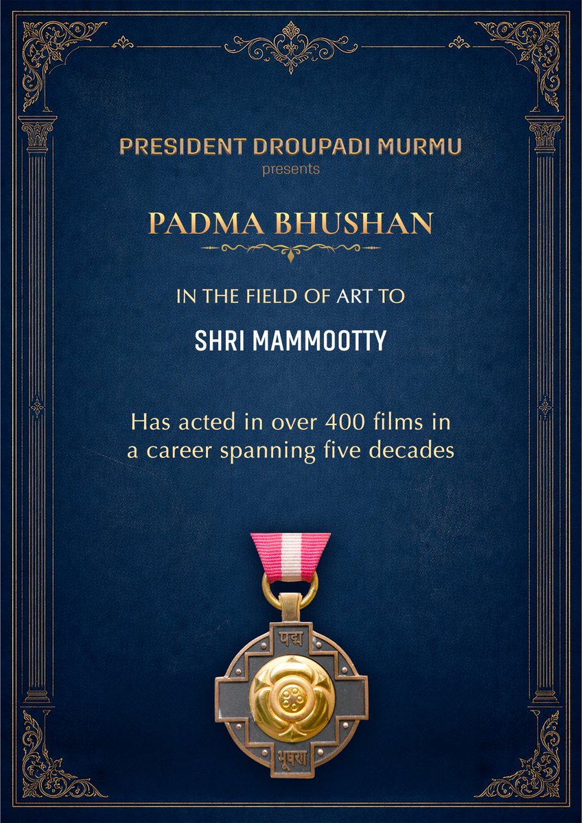 rashtrapatibhvn's tweet photo. President Droupadi Murmu presents Padma Bhushan to Shri Mammootty for his exceptional contribution to the field of Art. In a career spanning five decades, Shri Mohammed Kutty Panaparambil Ismail alias Mammootty has acted in over 400 films, mainly in Malayalam, with several in Tamil, Telugu, Kannada, Hindi and English. He is regarded as one of the greatest actors in Indian cinema. He has won three National Film Awards for Best Actor and ten Kerala State Film Awards. Beyond his contributions to cinema, he has consistently supported humanitarian efforts and community development.