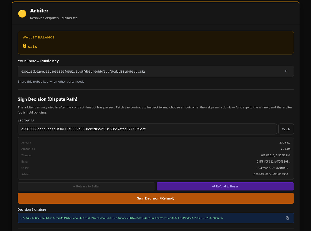 Harsh_dev098's tweet photo. If a dispute occurs:
👉 Funds remain locked
👉 Evidence is reviewed off-chain
👉 The designated arbiter decides the outcome
👉 The federation verifies the arbiter's signature and enforces the result

The federation enforces the contract but never knows the participants identities https://t.co/BhvziGQ7YS
