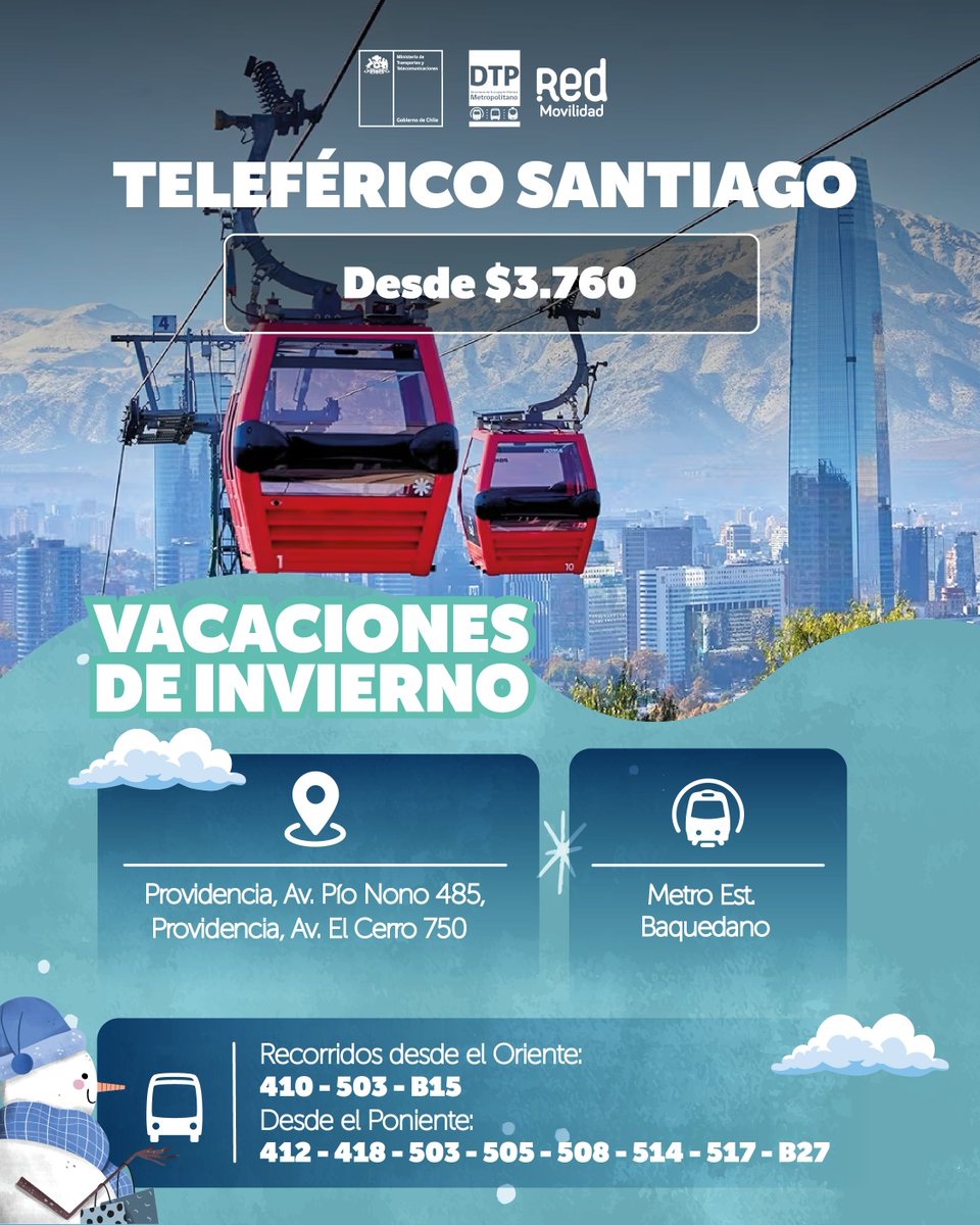 Red_Movilidad's tweet photo. 🚌 ¡Vacaciones de invierno! ❄️
Red te acerca al Museo Interactivo Mirador y al Teleférico de Santiago 👏⁣.
¡Descubre los recorridos que te conectan con estos panoramas imperdibles y disfruta al máximo tus vacaciones! 🌄✨ https://t.co/wAFCYdoJ3V