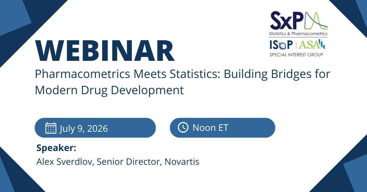 ISOP1's tweet photo. 🔬 Pharmacometrics Meets Statistics: Building Bridges for Modern Drug Development

🗓 July 9, 2026 |⏰ 12:00 PM ET
🎤 Alex Sverdlov, Senior Director, Novartis
🔗 https://t.co/MWEs65Ayrb 

#ISoP #Pharmacometrics #Statistics #DrugDevelopment #MIDD #ClinicalResearch #Modeling https://t.co/XWgjyw9om2
