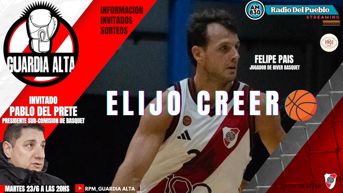 RPM_GuardiaAlta's tweet photo. Esta noche hacemos #GuardiaAlta en horario especial de las 20hs.
🏀Invitados: @FeliPais (Jugador de River Básquet)
y @pablito_chapa (Presidente Sub Comisión de Básquet)
⚽️ Además toda la actualidad del mercado de pases.
El show de #River acá
Link 👉 https://t.co/iernNdIvbY https://t.co/symWFPUtgd