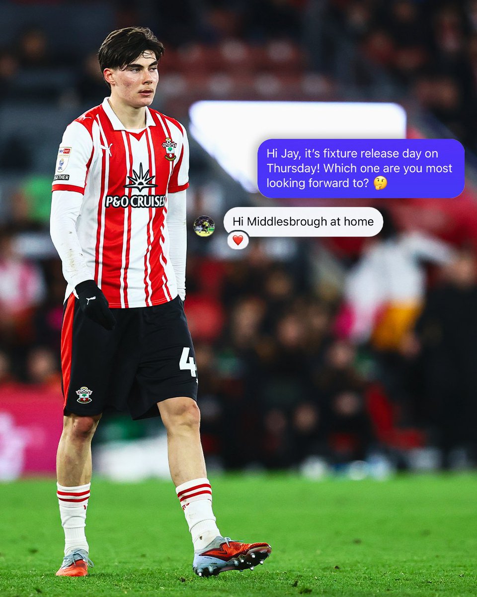 A picture of Jay Robinson standing with an overlay of an Instagram message exchange. The question reads: 'Hi Jay, it's fixture release day on Thursday! Which one are you most looking forward to?'

The reply says: 'Hi Middlesbrough at home'