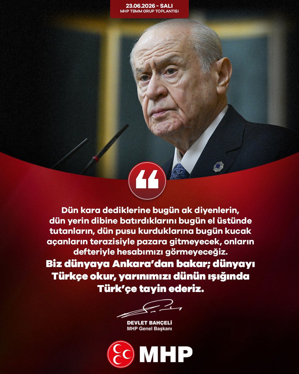 Ulku_Ocaklari's tweet photo. Dün kara dediklerine bugün ak diyenlerin, dün yerin dibine batırdıklarını bugün el üstünde tutanların, dün pusu kurduklarına bugün kucak açanların terazisiyle pazara gitmeyecek, onların defteriyle hesabımızı görmeyeceğiz.
Biz dünyaya Ankara’dan bakar; dünyayı Türkçe okur, yarınımızı dünün ışığında Türk’çe tayin ederiz.

MHP Genel Başkanı
Devlet BAHÇELİ
