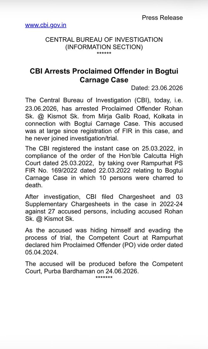 ANI's tweet photo. The Central Bureau of Investigation (CBI), arrested Proclaimed Offender Rohan Sk from Mirja Galib Road, Kolkata in connection with Bogtui Carnage Case. This accused was at large since registration of FIR in this case, and he never joined investigation/trial. https://t.co/qnK4TngPv9