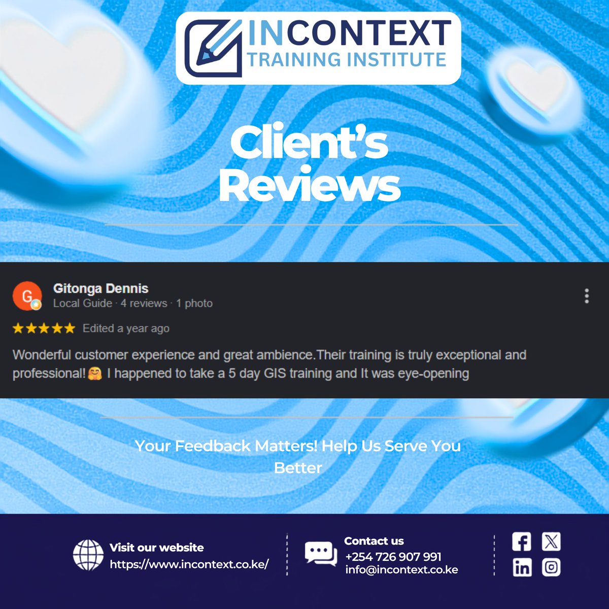 InContextKE's tweet photo. Don't Just hear it from Us. Hear it from our satisfied Clients.. Be the next to experience premier Training from InContext Training Institute.  

Get In Touch:  info@incontext.co.ke +254 726 907 991

LIVE IN SINGAPORE||Family Bank||Thika||Nakuru https://t.co/NBrajlesmO
