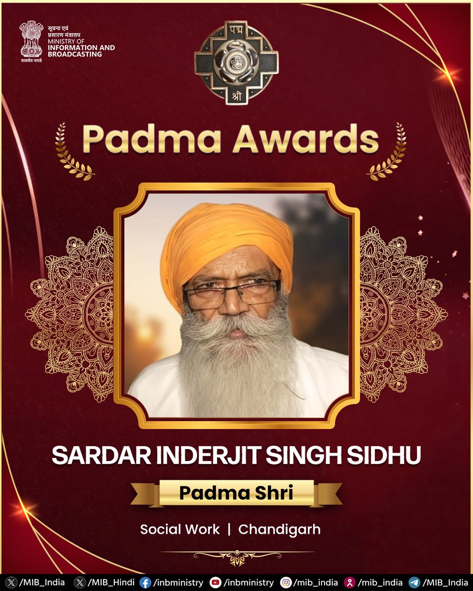 MIB_India's tweet photo. #PadmaAwards2026
🏅Padma Shri

✨ Satish Shah (Posthumous)
✨ Prof. Prateek Sharma
✨ Rohit Gurunath Sharma 
✨ Sardar Inderjit Singh Sidhu  

#PadmaAwards #PeoplesPadma #PeoplesPadma2026 #PadmaShri https://t.co/85CCiwFGxy